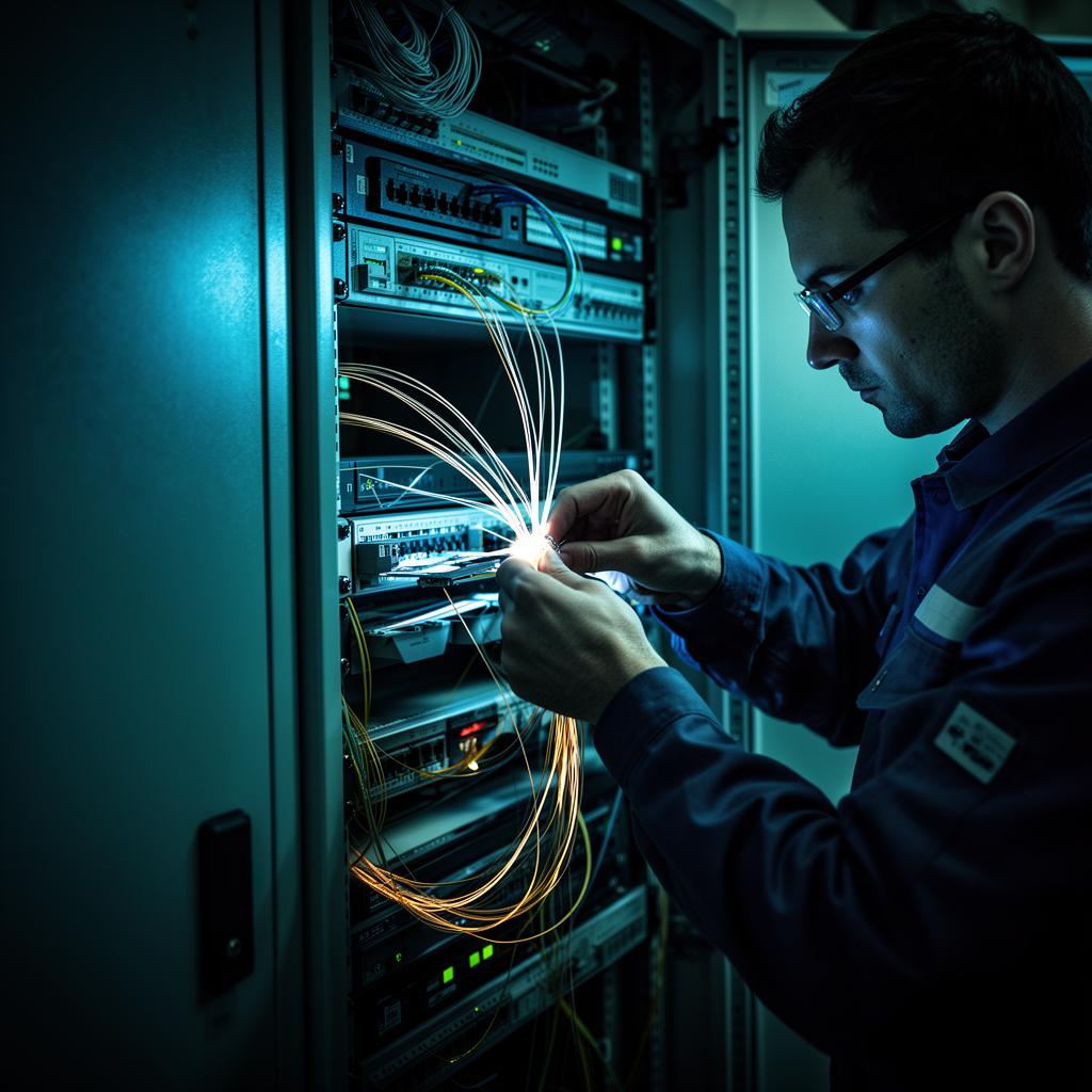 Technician splicing fiber optic strands inside a network cabinet